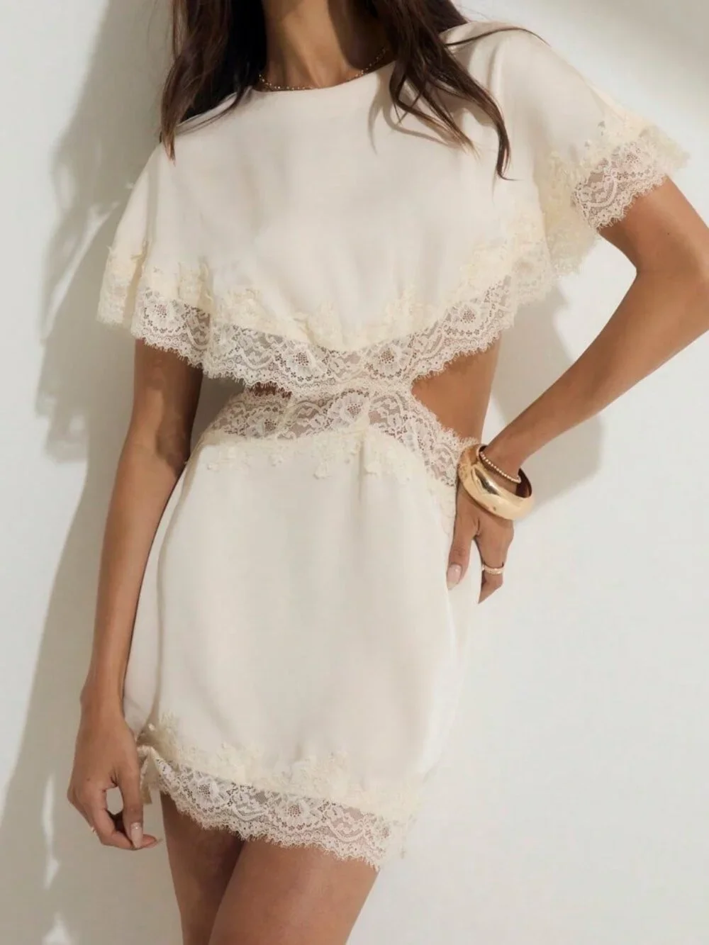 Pink Elegant Women's Contrast Lace High-Waist Fitted Mini Dress